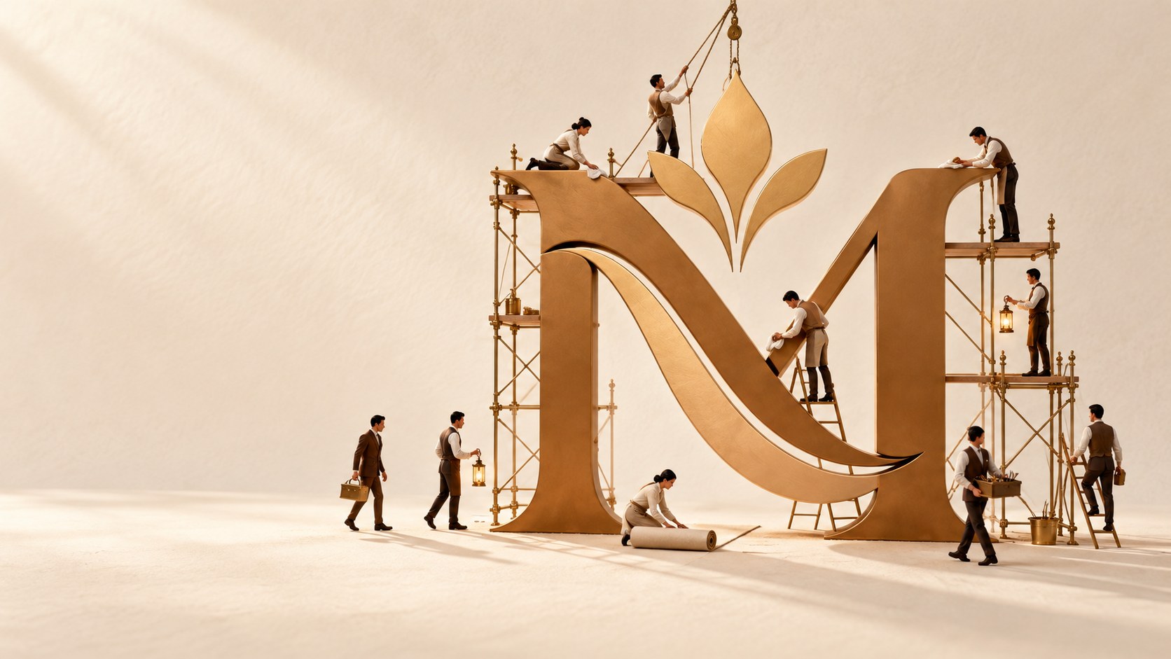 Miniature hospitality artisans carefully assembling and polishing the Mansukh emblem